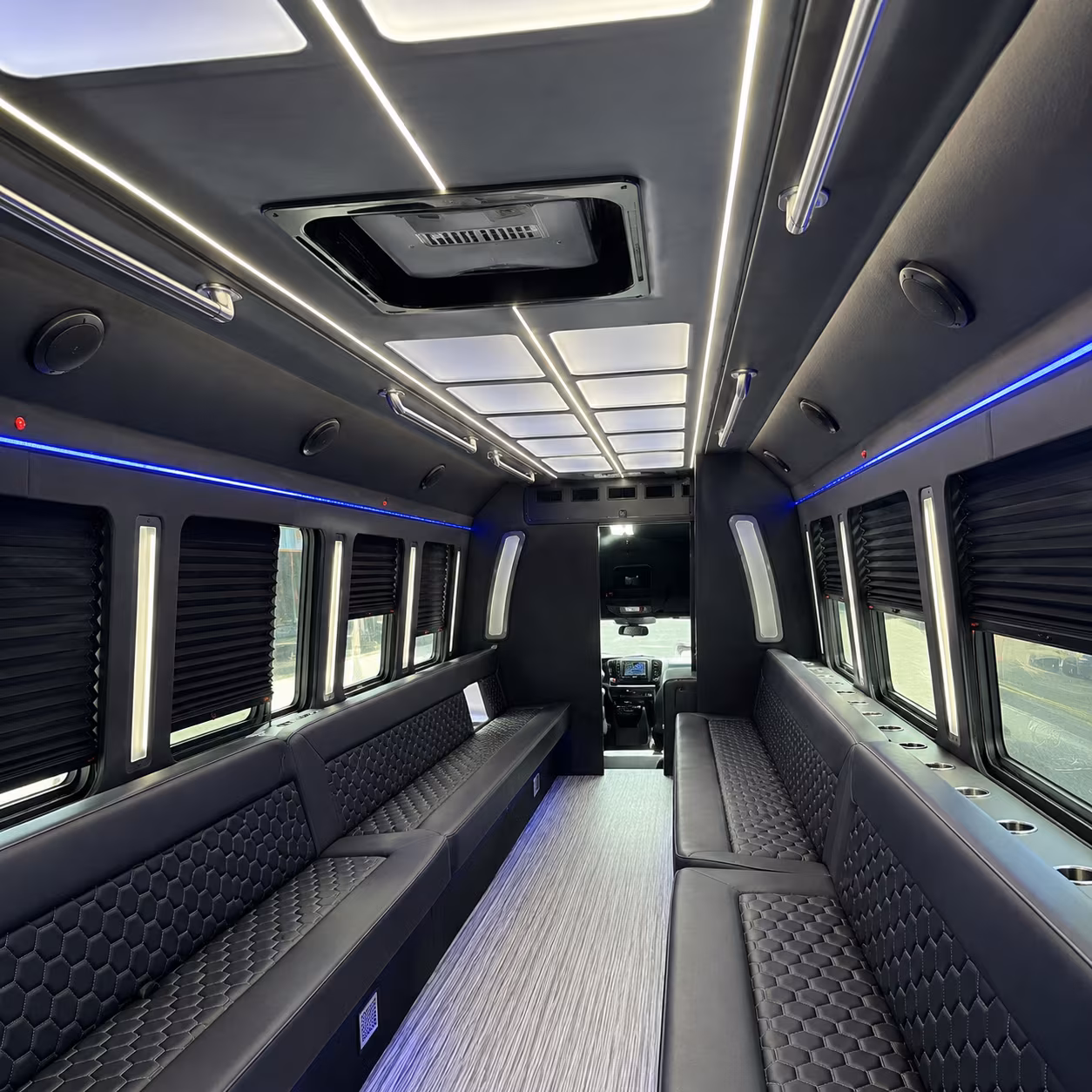 Interior of a party bus rental serving Louisville